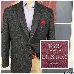 Marks & Spencer Tweed Blazer Jacket Sport Coat Men 44R Wool Barleycorn Dark Gray